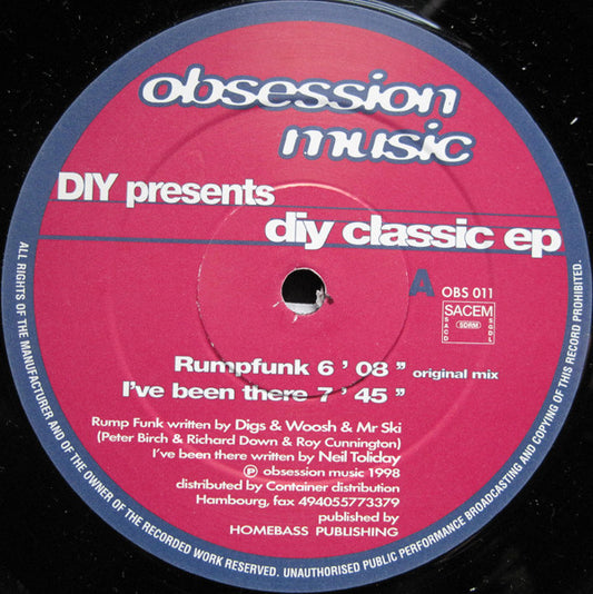 Various : Obsession Music Presents Diy Classic EP (12")